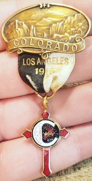 Rare 1916 Colorado Los Angeles Masonic Knights Templar Enameled Badge Ribbon Pin