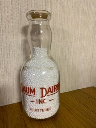 Vintage Daum Dairies One Quart Glass Milk Bottle Red Graphics