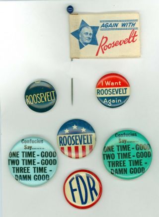 6 Vtg 1936 - 40 President Franklin Roosevelt Campaign Pinback Buttons 1 Flag Pbk