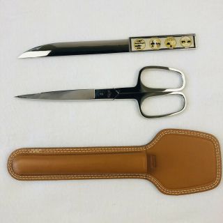 German Solingen Scissors And Letter Opener Set With Leather Sheath And Ruler