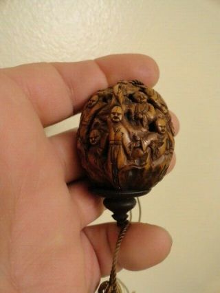 Pendant? 2 1/4 Antique Fine Hand Carved Bead Nut Chinese Mans Dragon Tiger Old