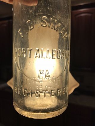 F.  D.  Sinar Old Vintage Blob Top Bottle.  Port Allegheny Pa.  Cond.