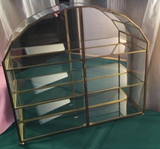 Vtg Brass Glass Table Top Curio Cabinet W/ Feet Display Case Shelf Mirror Back