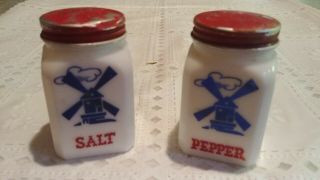 White Milk Glass Salt & Pepper Shakers Red Metal Lid Blue Windmill 1940 