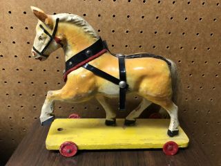 Old German Paper Mache Horse On Platform Wheels Pull Toy