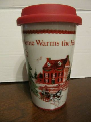 Fitz And Floyd “home Warms The Heart” Ceramic Travel Mug Cup W/ Red Silicone Lid