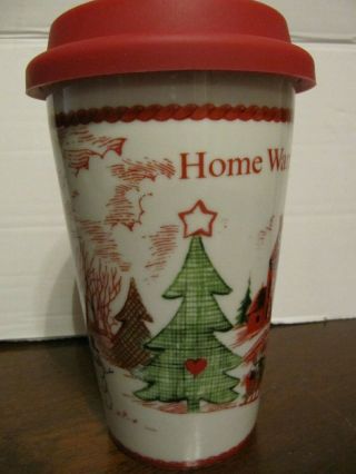 Fitz and Floyd “Home Warms the Heart” Ceramic Travel Mug Cup w/ Red Silicone Lid 2