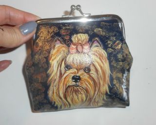Yorkshire Terrier Yorkie Dog Hand Painted Leather Coin Purse Mini Wallet Vegan