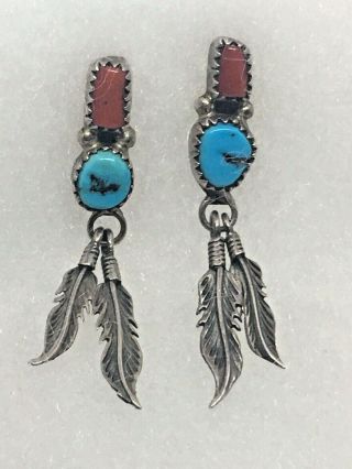 Southwestern Sterling Coral Turquoise Running Bear Native American Earrings