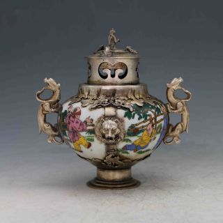 Chinese Old Porcelain Inlaid Tibetan Silver Copper&monkey Lid Incense Burner