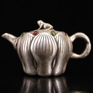 Collectable China Old Miao Silver Carve Beauty Lotus Inlay Agate Tibet Tea Pot