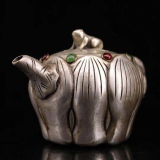 Collectable China Old Miao Silver Carve Beauty Lotus Inlay Agate Tibet Tea Pot 2
