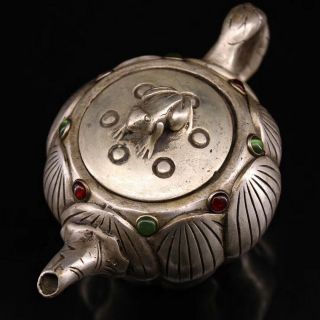 Collectable China Old Miao Silver Carve Beauty Lotus Inlay Agate Tibet Tea Pot 3
