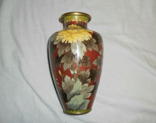 Large Vintage Chinese Cloisonne Vase Enamel Chrysanthemums Bird Jasper Yellow