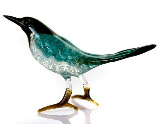 Glass Magpie Statue,  Russian Blown Art Miniature Cyan Bird Figurine