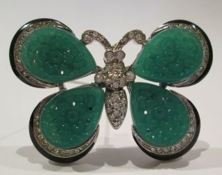 Kenneth Jay Lane Art Deco Rhinestone Jade And Enamel Butterfly Brooch