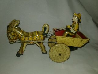 Marx Tin Toy Wind Up Donkey & Cart Great Old Tin Marx Toy