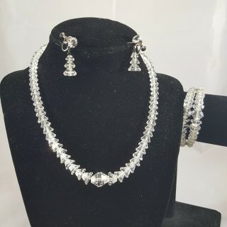 Vintage Glass Bead Jewelry Set Necklace Bracelet Screw Back Earrings Clear Facet