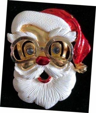 Rare Vintage Signed Fab Enamel Santa Claus With Moving Eyeglasses Xmas Pin,  Fjt