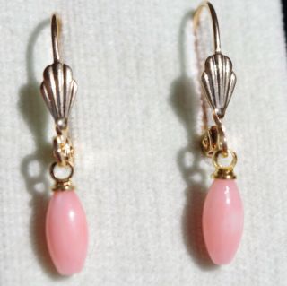 GORGEOUS 14K GOLD FILLED ANGEL SKIN SOFT PINK CORAL ELONGATED LEVERBACK EARRINGS 3