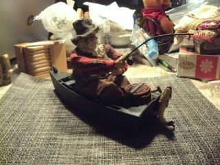 20 26 Santa Claus Christmas Figure Fishing In Wooden Row Boat With Rod & Reel