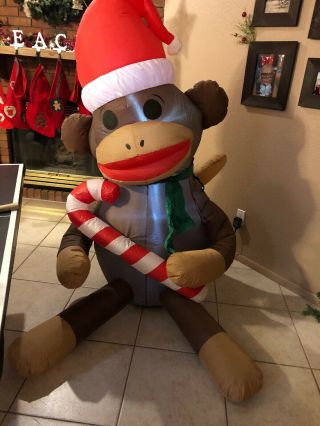 Gemmy Airblown Inflatable Sock Christmas Monkey With Santa Hat Candy Cane Light
