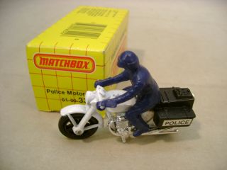 1983 Matchbox Superfast 33 Police Motorcycle White Bike W Black Bags Mib