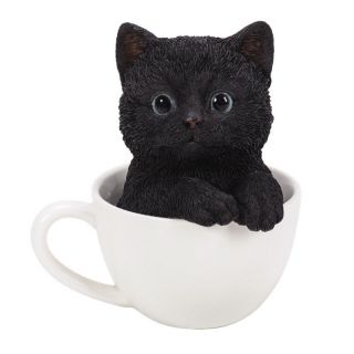 Adorable Pet Pals Glass Eyes Black Kitten Cat In The Cup Figurine