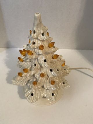 Ceramic Light Up White Christmas Tree Holiday Decor Missing A Few Bulbs 10”