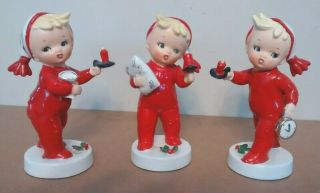 Vintage 1957 Christmas Napco Red Pajama Children Set Of 3 Cx2686 A,  B,  & C