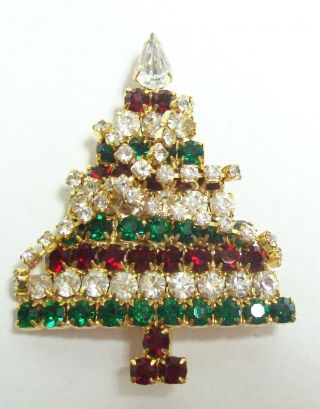 Christmas Tree Gorgeous Rhinestone Red & Green Pin