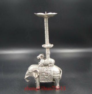 9.  5 " Collectible Handmade Carving Statue Elephant Candlestick Copper Silver