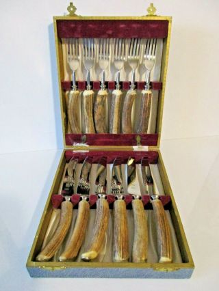 Vtg Natural Rustic Stag Antler Horn Handle Cutlery Fork Knife Set 12pc Boxed Euc