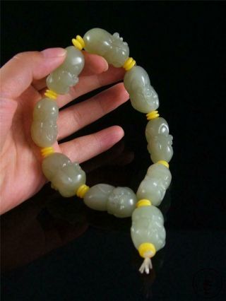 Old Chinese Celadon Nephrite Jade Carved Bracelet Prayer Beads Buddha 