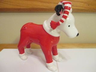 Large 7 " Ceramic Bull Terrier Dog,  Red Union Suit,  Black Eye,  Christmas Holidays