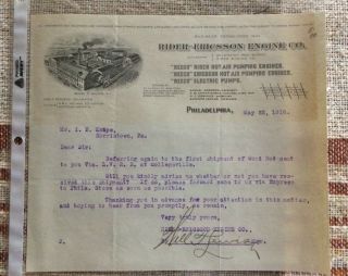 Rider Ericsson Engine Co.  1918 Letter Head Walden N.  Y.  Morristown Pa.