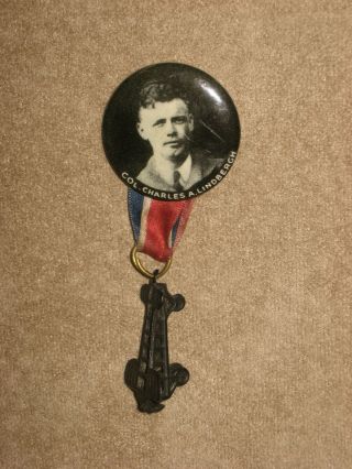 Charles A Lindbergh Pin Back Button Spirit of St Louis Medal Badge Airplane 3