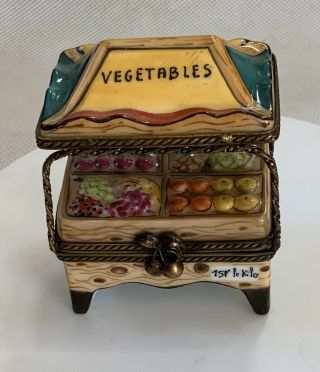 Limoges France Fruit Vegetables Cart Trinket Box H/p Peint Main Artist Signed