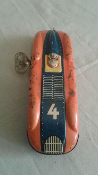 Vintage Tin Toy 6 " Huki Toy Orange Race Car 4 Us Zone Germany Keywind
