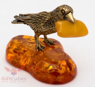 Solid Brass Amber Figurine Of Bird Crow Raven W Piece Of Cheese Ironwork