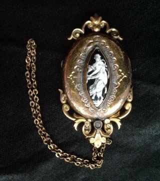 Fine Antique Gold Filled Grisaille Enamel Lady Child Photo Locket Mourning