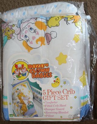 Vintage Bozo The Clown 5 Piece Crib Set Blanket Pillow 1990 Larry Harmo