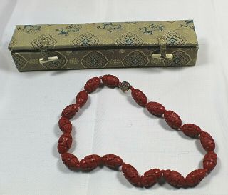 Vintage Chinese Cinnabar 16 Inch Necklace With Gift Box