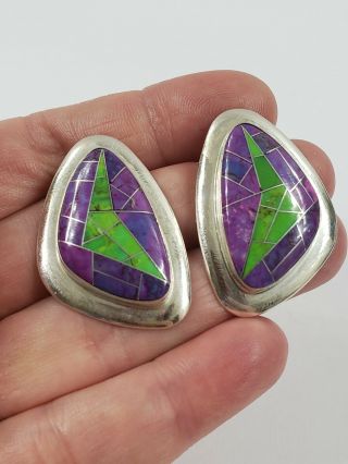 Jay King Dtr Sterling Silver Green Purple Cuprite Inlay Earrings 1.  5 " T 15 G