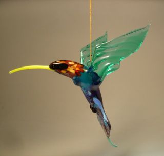 Blown Glass Figurine Bird Hanging Green And Blue Hummingbird Ornament