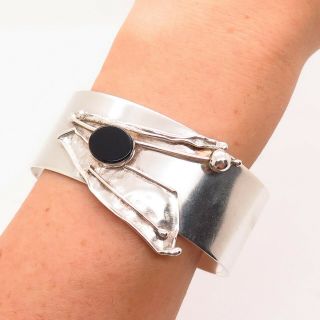 Avi Soffer Israel Sterling Silver Black Onyx Modernist Designer Cuff Bracelet