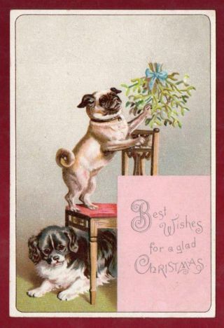 Victorian Pug And Spaniel Dogs Christmas Greeting Card