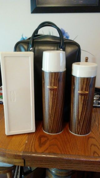 Vintage Thermos Brand Wood Grain Insulated Bottles With Dry Storage & Carry Bag