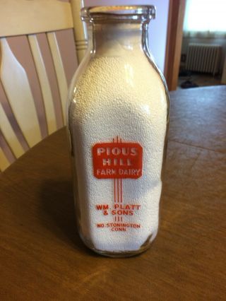Milk Bottle,  Pious Hill Farm Dairy No.  Stonington,  Conn.  Square Quart.