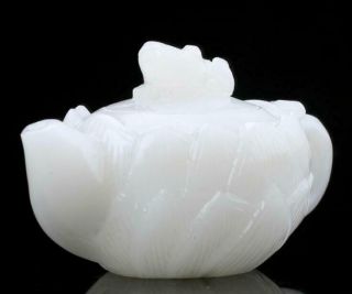 Exquisite chinese 100 natural white jade hand carved lotus teapots /Td01 2